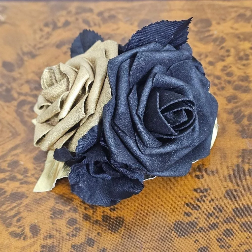 Handmade Black Gold‎ Rose Hair Clip Gothic Glam Floral Fascinator Rockabilly